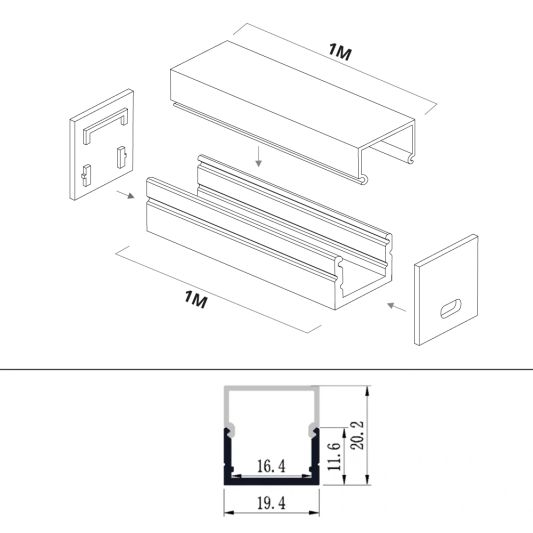 Ledstrip profiel opbouw Breed model - compleet inclusief rechte afdekkap 1 meter