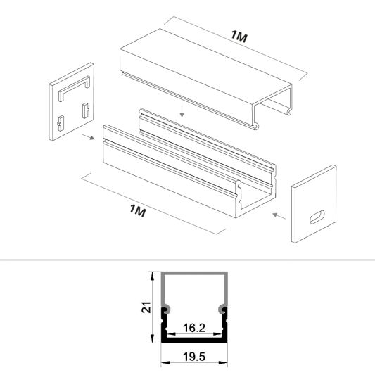 Ledstrip profiel opbouw Breed model - compleet inclusief rechte afdekkap 1 meter