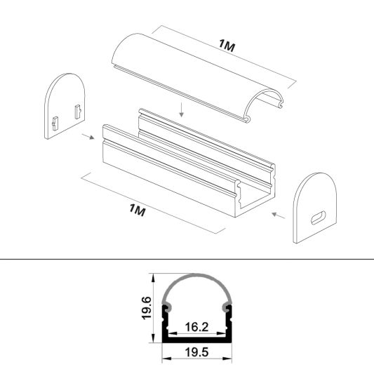 Ledstrip profiel opbouw Breed model - compleet inclusief ronde afdekkap 1 meter