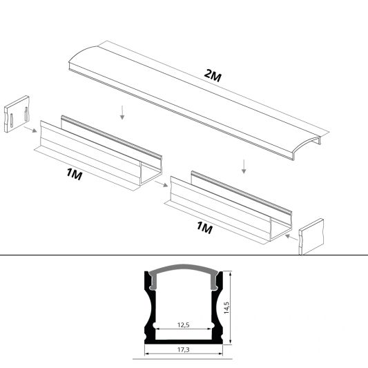 Ledstrip profiel opbouw Hoog model - compleet inclusief afdekkap 2 meter 15 mm