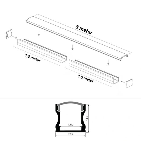 Ledstrip profiel opbouw Hoog model - compleet inclusief afdekkap 3 meter 15 mm
