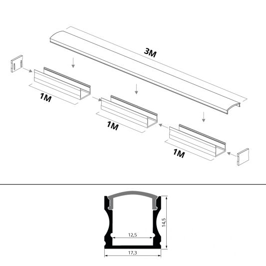 Ledstrip profiel opbouw Hoog model - compleet inclusief afdekkap 3 meter 15 mm