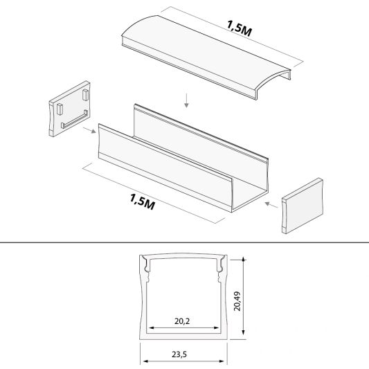 Ledstrip profiel wit opbouw 1,5M - breed en hoog - compleet met afdekkap