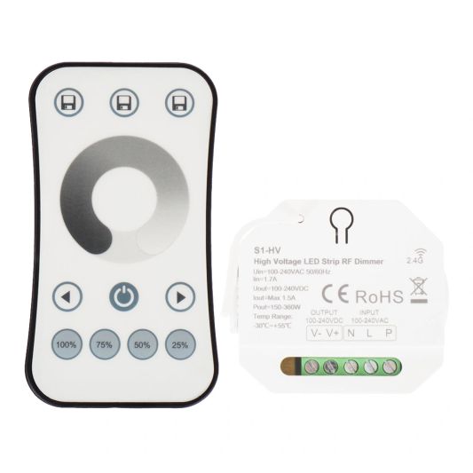 RF Controller + Afstandsbediening voor 230V enkelkleurige LED strips – complete set voor draadloze bediening