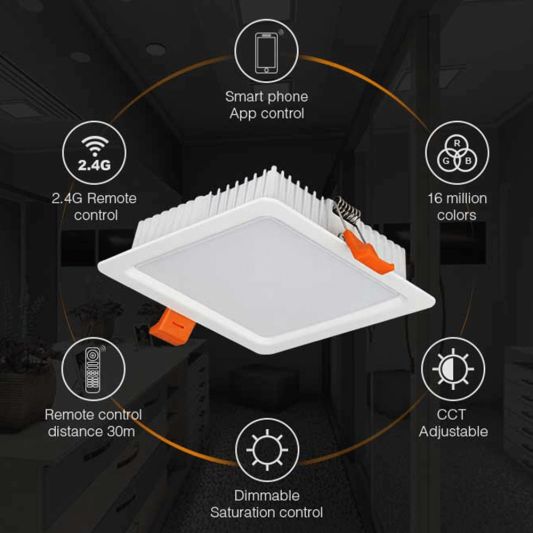 RGBWW led vierkante downlight 9 Watt - Voordeelset van 3 stuks