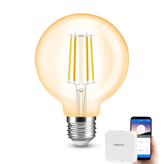 Wifi set met Dual White smart filament lamp van Milight 7W E27 fitting - Amberkleurig G95 model - Met Milight module