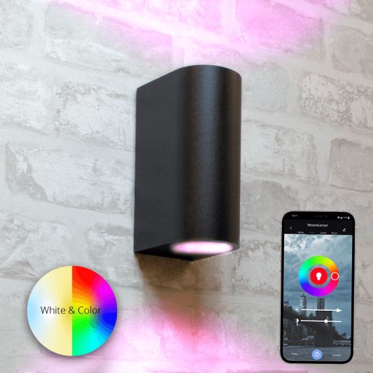 Zwarte up down wandlamp voor buiten met Zigbee GU10 spots - Rond